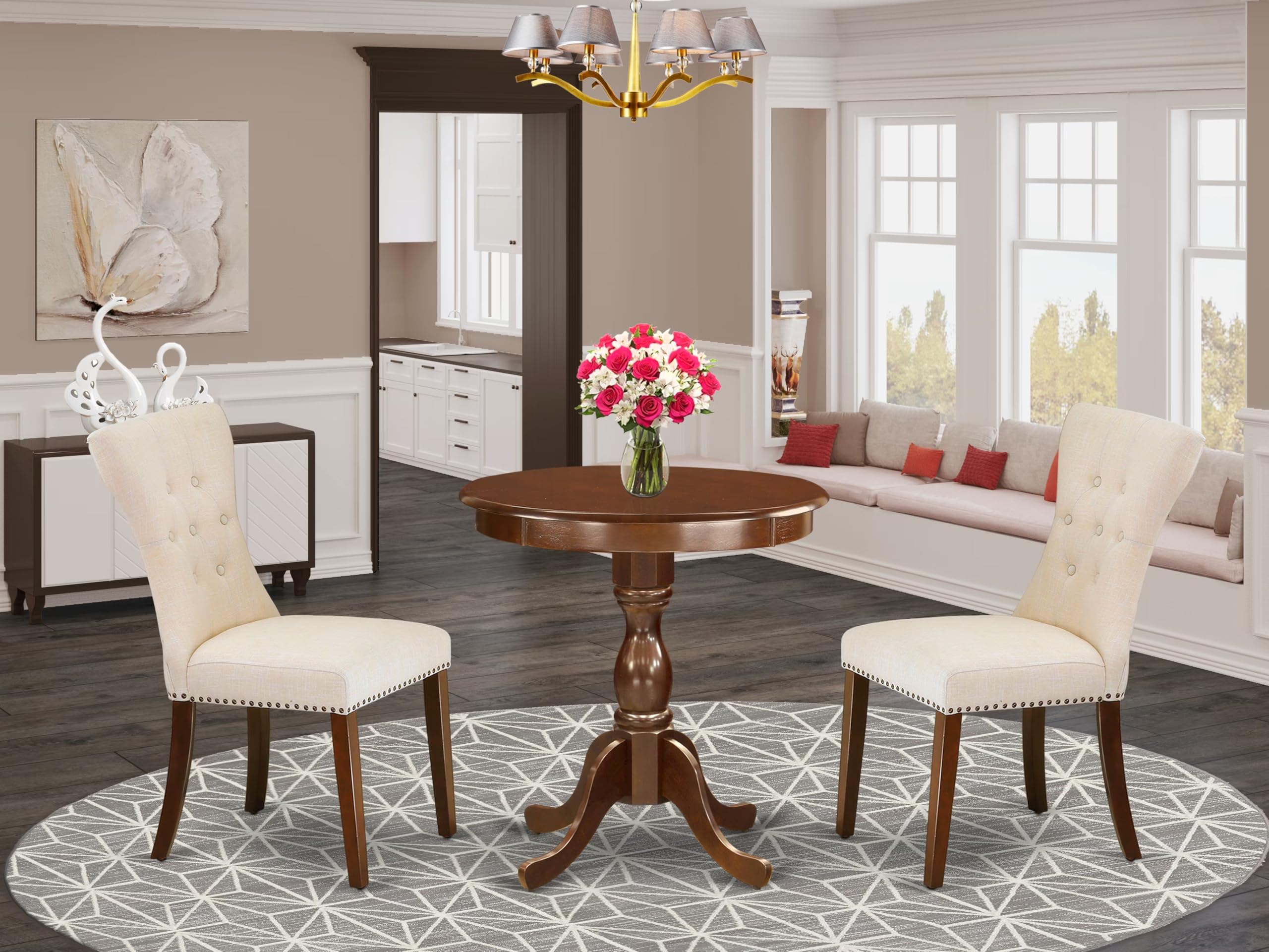 East West Furniture Esga3-Mah-32 3 Piece Dining Table Set For Small Spaces Contains A Round Wooden Table With Pedestal And 2 Light Beige Linen Fabric Parson Chairs, 30X30 Inch, Mahogany